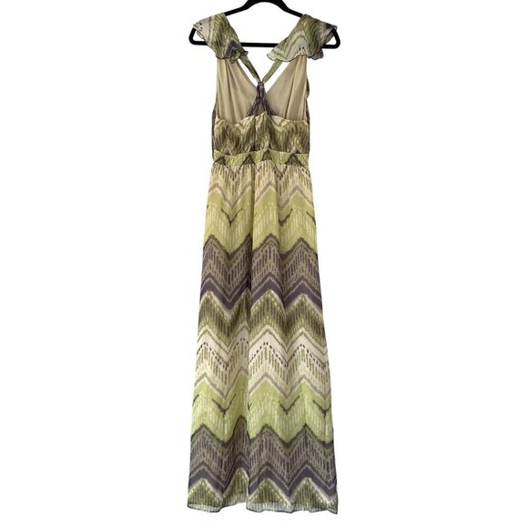 Hale Bob Green Purple Chevron Print Silk Maxi Dress Size L Ruffle Flowy Boho - Picture 2 of 9